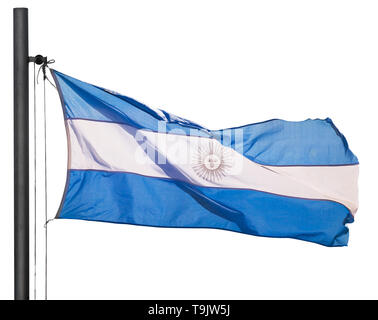 Drapeau bleu et blanc de l'Argentine avec mai soleil sur bande blanche. L'Argentine, l'Amérique du Sud. Plus isolé sur fond blanc Banque D'Images