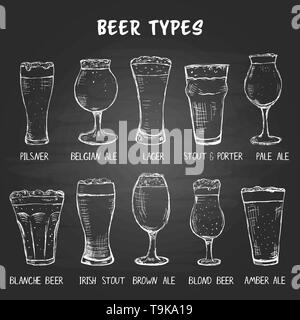 Ensemble de types de verres à bière à la main sur le tableau noir Illustration de Vecteur