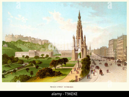 Vintage print de Princes Street, Édimbourg, Écosse au 19ème siècle, vers 1880. Montrant du Scott Monument un monument gothique victorien écossais auteur de Sir Walter Scott. Banque D'Images