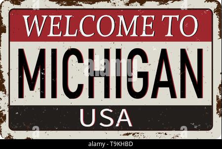 Bienvenue à Michigan vintage métal rouillé signe sur un fond blanc, vector illustration Illustration de Vecteur