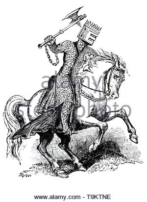 Chevalier médiéval à cheval portant une armure, vintage illustration de 1884 Banque D'Images