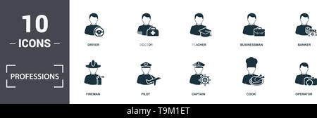 Professions libérales icons set collection. Comprend des éléments simples tels que policier, pompier, pilote, le capitaine, cuisinier, et l'interaction des icônes premium. Illustration de Vecteur