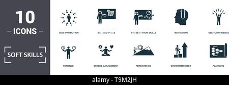 Compétences non icons set collection. Comprend des éléments simples comme l'affirmation de soi, auto-promotion, Techniques de vente, techniques de présentation, la motivation, la Pat Illustration de Vecteur