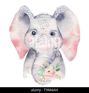 Une affiche avec un bébé éléphant. Aquarelle caricature des animaux tropicaux de l'éléphant d'illustration. Impression d'été exotiques de la jungle. Banque D'Images