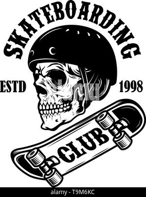 Le skate club. Emblème avec crâne en casque de planche à roulettes. L'élément de conception de logo, label, signe, de l'affiche. Vector illustration Illustration de Vecteur