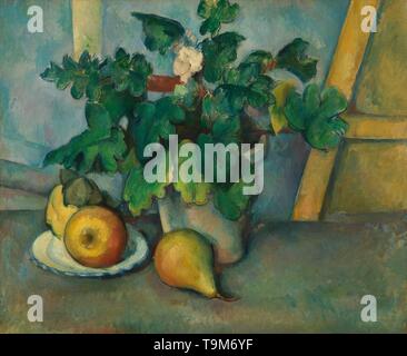 Pot de primevères et de fruits. Musée : Courtauld Institute of Art, Londres. Auteur : Paul Cézanne. Banque D'Images