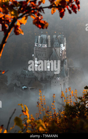 / Burg Eltz Château Eltz pendant le coucher du soleil sur un jour d'automne brumeux avec des arbres et des feuilles avant-plan et le brouillard roulant à travers la vallée (Wierschem, Allemagne) Banque D'Images