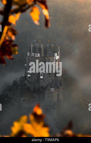 / Burg Eltz Château Eltz pendant le coucher du soleil sur un jour d'automne brumeux avec des arbres et des feuilles avant-plan et le brouillard roulant à travers la vallée (Wierschem, Allemagne) Banque D'Images