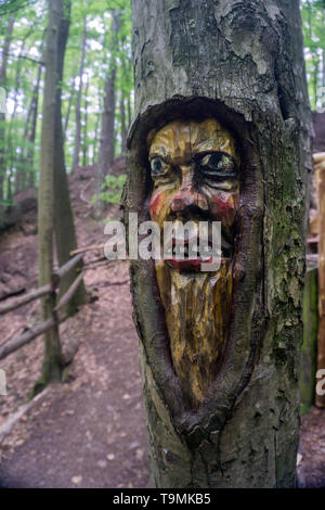 Visage sculpté dans un tronc d'arbre, Steckeschlääfer-Klamm, Binger forêt, Bingen sur le Rhin, Rhénanie-Palatinat, Allemagne Banque D'Images
