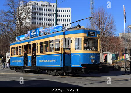 En tramway, Place de la cathédrale Christchurch, Nouvelle-Zélande Banque D'Images