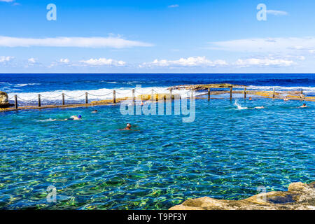 Les nageurs dans la piscine dans les rochers, au nord de Maroubra Beach à Sydney, Australie Banque D'Images