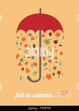 Modèle de carte de vecteur avec parapluie rouge, les feuilles qui tombent, vélo rétro et slogan "l'automne à l'automne" Illustration de Vecteur