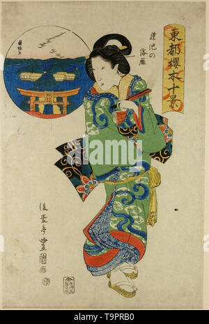 Toyokuniii - femme avec l'encart inscription wild geese hasu no ike Banque D'Images