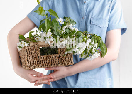 Hipster Girl en robe de lin rustique holding big apple tree flowers dans panier en osier sur fond blanc Banque D'Images