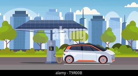 L'énergie électrique à la station de recharge pour voitures d'autopartage véhicule écologique moderne concept cityscape background plate horizontale Illustration de Vecteur