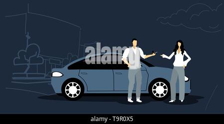 Man giving woman clés de service de transport en commun voiture concept ville moderne street cityscape background horizontale croquis Illustration de Vecteur