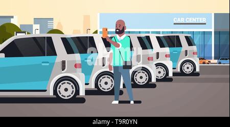 L'homme le choix de véhicule sur un parking de centre auto à l'aide de l'application mobile concept d'autopartage african american guy holding smartphone louer d'auto en ligne Illustration de Vecteur