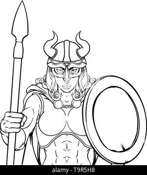 Femme Viking Guerrier Gladiateur mascotte de l'équipe Femme Illustration de Vecteur