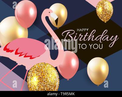 Cartoon couleur flamant rose sur un beau fonds de carte de souhaits pour voeux d'anniversaire. Vector Illustration. EPS10 Illustration de Vecteur