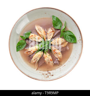 La soupe avec des tranches de bœuf, et les crêpes roulées dans un rouleau, décorées avec des greens. isolé sur fond blanc Banque D'Images