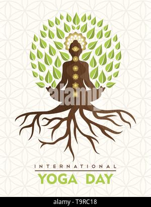 Yoga International Day Greeting card illustration de l'arbre lotus poser. L'énergie naturelle pour la méditation concept. Illustration de Vecteur