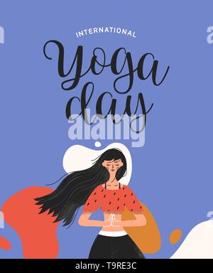Journée Internationale de Yoga illustration de femme en posture de l'arbre pour la méditation, la santé et la forme physique. Illustration de Vecteur