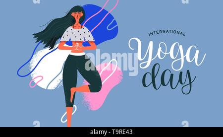 Journée Internationale de Yoga de carte de vœux femme en posture de l'arbre pour la méditation, la santé et la forme physique. Illustration de Vecteur