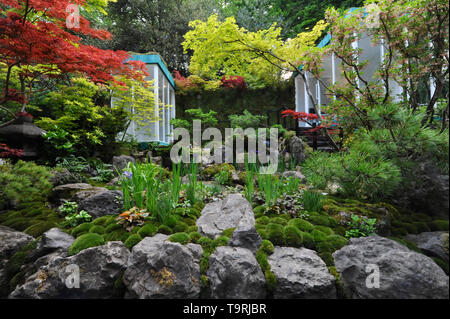 Le commutateur vert jardin (conçu par Kazuyuki Ishihara), l'un des six beaux et élégants jardins Artisan sur l'affichage à l'2019 RHS Chelsea Flower Show qui a ouvert ses portes aujourd'hui dans les 11 acres de terrain de l'Hôpital Royal de Chelsea, Londres, Royaume-Uni - 20 mai 2019 Urban city life est incroyablement stressant. Ce jardin fait la distinction entre ON et OFF dans la vie. OFF est le recueil de ce que l'on aime ; il est essentiel d'avoir le temps pour la nature. Ceci active un 'interrupteur vert' vous permet de passer gratuitement votre vie dans un espace vert naturel. Conçu comme un jardin de ville, l'open-style (Azumaya garde Banque D'Images