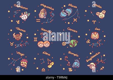 Cute vector affiche de Zodiac. Cartoon icônes astrologie Illustration de Vecteur