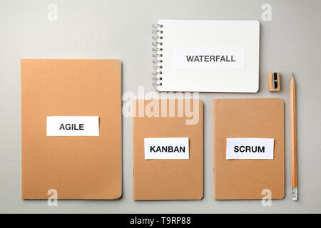 Les ordinateurs portables avec mots, cascade, AGILE, SCRUM KANBAN sur fond clair Banque D'Images