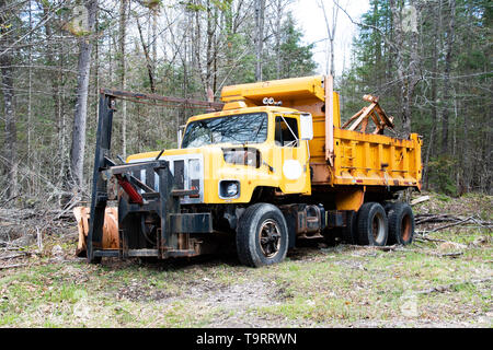 Un vieux camion-benne jaune rouille avec le bâti de la charrue abandonnée dans les Adirondacks, NY USA Banque D'Images