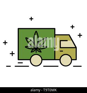 La livraison du cannabis. Illustration d'un des camions de livraison de l'icône avec une feuille de marijuana. La légalisation de la marijuana. Vector illustration isolé sur blanc backgrou Illustration de Vecteur