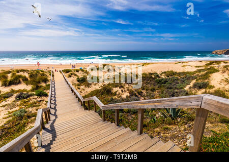 Vue de la plage de Monte Clerigo avec Mouettes volantes sur la côte ouest du Portugal, Algarve. Escaliers de la plage Praia Monte Clerigo près de Aljezur, Banque D'Images