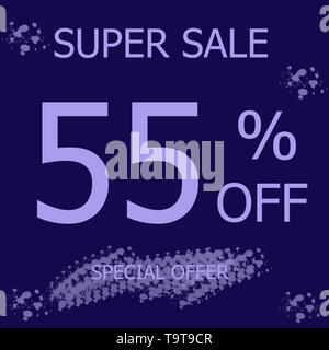 Ajouter 55 % de rabais sur votre achat de promotion vente bleu foncé et violet color banner. Offre de promotion extraordinaire pour cent affiche colorée. Bannière avec promotion pour holi Banque D'Images