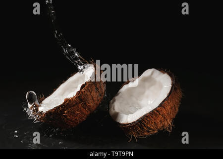 La noix de coco mûre et splash d'eau sur fond sombre Banque D'Images