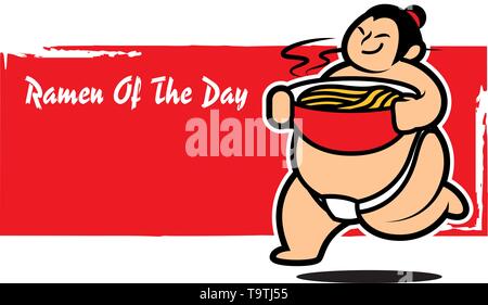 Sumo mignon joueur tenant un bol de nouilles avec de grandes affiches menu rouge - vector cartoon illustration Illustration de Vecteur