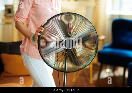 Gros plan sur les jeunes maîtresse de maison moderne dans la région ensoleillée chaude journée d swtitching sur plancher métallique ventilateur sur pied. Banque D'Images