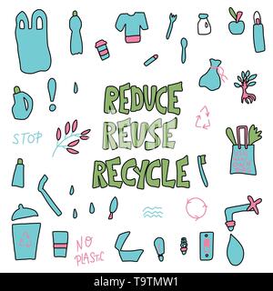 Réduire Réutiliser Recycler concept. Devis avec vie eco collection d'éléments. Définir, avec lettrage et zéro déchets ensemble des symboles. Vector illust Illustration de Vecteur
