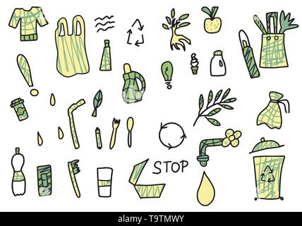 Concept zéro déchet. Ensemble d'éléments de style eco style doodle isolé sur fond blanc. Vector illustration. Illustration de Vecteur