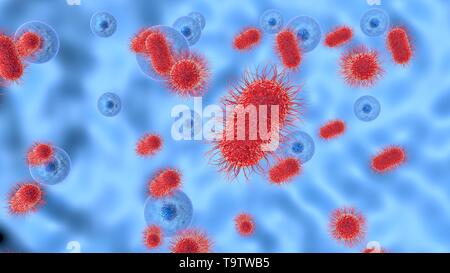 3D illustration du processus d'infecter des cellules de micro-organismes pathogènes. Banque D'Images