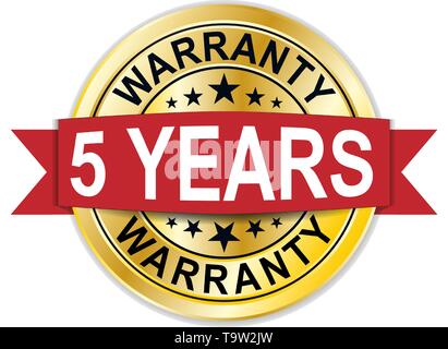 5 ans garantie 3d gold badge avec ruban rouge Illustration de Vecteur