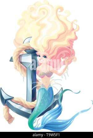 Vector cartoon cute mermaid et ancre avec corde Illustration de Vecteur