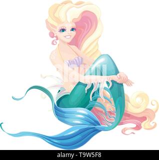 Vector cartoon cute Fairy sirène assise sur la mer Illustration de Vecteur