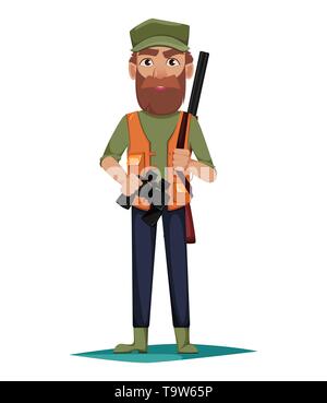 L'homme chasseur personnage avec un fusil et des jumelles. Vector illustration isolé sur fond blanc Illustration de Vecteur