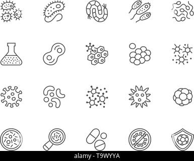 Ensemble d'icônes de ligne de bactéries. Microbe, germe, Caviar, cellules du système immunitaire, et plus encore. Illustration de Vecteur