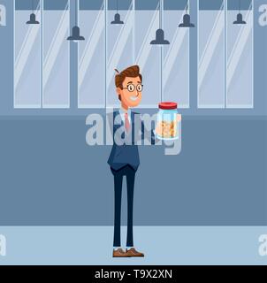 Businessman holding glass jar Illustration de Vecteur