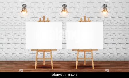 Toile sur trépied pour dessin vectoriel Collective. Chevalet en bois avec dessin blanc drap blanc, appliques rougeoyant sur mur de brique Décoration de prix pour l'Art Illustration de Vecteur