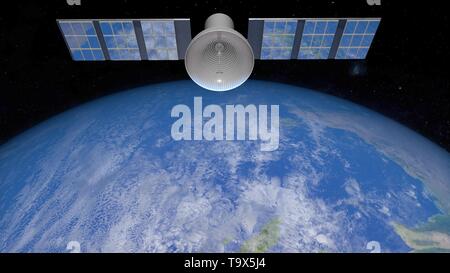 3D illustration de chaînes de numérisation et de surveillance de la Terre depuis l'espace. Le satellite en orbite autour de la planète Terre. Banque D'Images