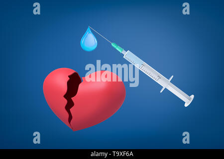 Le rendu 3D de rouge cœur brisé et une seringue médicale avec une goutte de liquide bleu sur fond bleu Banque D'Images