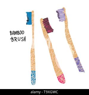 Jeu de brosses à dents en bambou isolé. Zéro déchets conseils. L'éco-friendly de pinceaux. Vector illustration. Illustration de Vecteur
